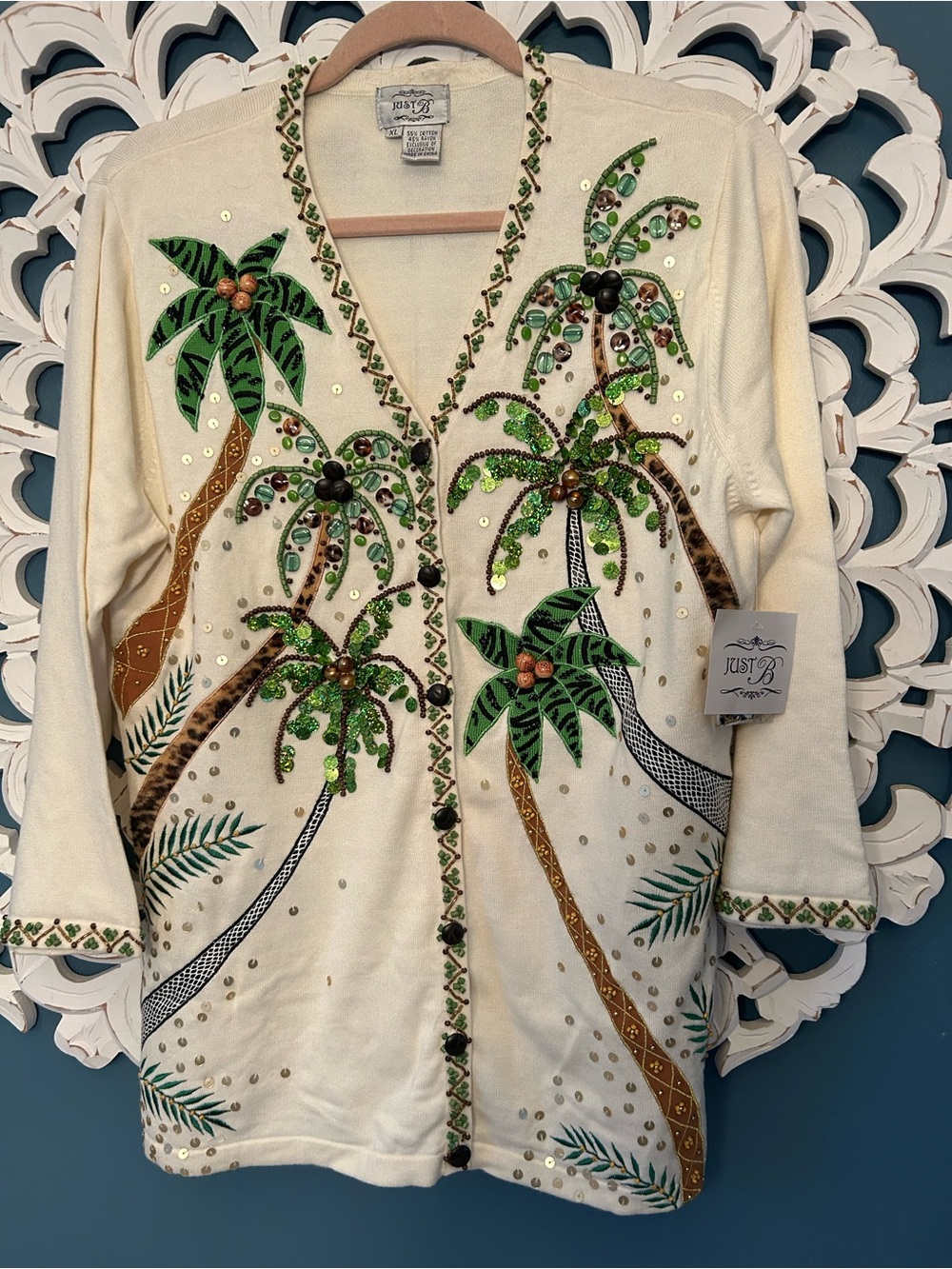 NWT Just B Embellished Palm Tree Cardigan - Cream & Green